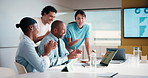 Business, people and applause with laptop in office for good news, celebration and finance success. Smile, team and cheering with pc for bonus, financial achievement and congratulations for promotion