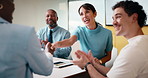 Happy, business people or handshake with team clapping in office for partnership, deal or agreement. Excited, employees or colleagues shaking hands with group applause or smile for b2b or onboarding
