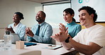 Applause, laughing and workshop with business people in boardroom for financial training. Clapping, laptop and investment success with employee team in finance office for goal, motivation or target