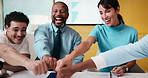 Business, people and meeting with fist bump in office for good news, celebration and finance success. Smile, team or applause for solidarity, financial achievement and congratulations for staff bonus