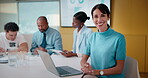 Face, finance and smile with woman in meeting for review of data charts or statistics. Graphs, laptop and trading with mature broker in boardroom of financial workplace for investment planning