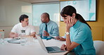 Laptop, meeting or woman with neck pain in creative agency, muscle strain or campaign project pressure. Burnout, research or manager with pc for proposal review, typing or bad posture for discomfort