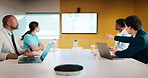 Finance, meeting or team in boardroom with screen, director feedback or budget analysis in agency. Collaboration, people or stats analyst with point, group insight or forecast plan in revenue report.