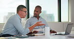 Business men, team and meeting with document, laptop and project management with feedback. Male people, tech and talking for collaboration with paperwork, review or advice with planning for proposal