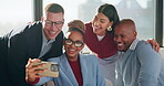 Creative, people and happy team with selfie for about us, social media or photography in office. Smile, business and group with diversity in profile picture or post for workplace fun and connection