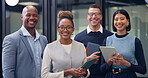 Tech, laugh and face of business people in office for about us, collaboration and financial agency. Corporate, happy and portrait of men and women with tablet for finance consultant, job and career