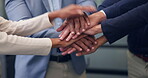 Team, stack and hands of business people in office for success, solidarity and achievement. Support, huddle and mission with group of employees in agency for celebration, agreement and goal together
