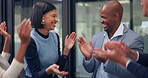 Team, applause and stack with business people in office for success, solidarity and achievement. Support, high five and mission with group of employees in agency for celebration, agreement and goal