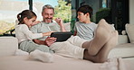 High five, tablet and dad with kids on sofa for online games, website and drawing on digital app. Family, home and happy man and children on tech with stylus for bonding, internet or relax on weekend