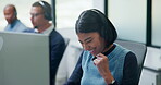 Call center, laughing and business woman in office for contact us, sale agent or consulting. Lead generation, crm consultant and smile with employee in coworking agency for promotion pitch and joke