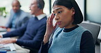 Tired, agent and woman with headache in call center, telemarketing or overwhelmed by target pressure. Overworked, telemarketer and person with fatigue on break, coworking and unhappy with burnout