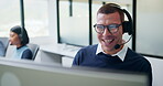 Telemarketing, man and laugh with computer in call center for client joke, finance offer and sales. Coworking, funny agent and discussion on headset for upsell, product knowledge and explain service