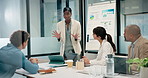 Presentation, collaboration and business woman in office with team for company profit, revenue or dividend. Discussion, graphs and financial manager with research for investment, budget or planning
