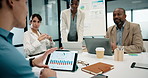 Conversation, tablet screen and businessman in office with team for company profit, revenue or dividend. Presentation, graphs and back of financial manager with research for investment or budget plan