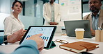 Data analysis, discussion and hands with tablet screen in office, presentation and meeting with team. Business, financial analyst and person with tech for revenue forecast, graphs and collaboration
