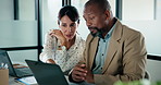 Laptop, discussion and business people in office with research for revenue growth with report. Technology, meeting and team of financial advisors with computer for investment proposal in workplace.