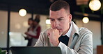 Laptop, thinking and business man with idea, solution or problem solving for online article. Reading, review and creative editor on computer with proofreading, email or newsletter in workspace
