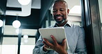 Tablet, business and happy black man in workplace for email, budget review or company audit. Tech, mature person and accountant with financial records, bookkeeping report or research information