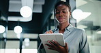 Tablet, business and black woman with pen in office for digital signature, budget review or audit. Tech, person and accountant with stylus for financial records, bookkeeping report or tax information