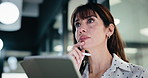 Businesswoman, decision and research with tablet in office, thinking and plan for wealth management. Bokeh, financial planner and mature person with tech for business growth, happy and reflection