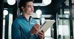 Tablet, thinking and writing with business man in office for investment or portfolio management. App, bokeh and ideas with happy person in financial workplace for online risk assessment or research
