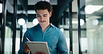 Tablet, walking and man with pen in office for problem solving, budget review or thinking. Tech, person and accountant with stylus for financial records, bookkeeping report and business insight