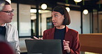 Laptop, meeting and research with business woman in office for advisor, stakeholder and planning. Treasurer budget, digital review and revenue discussion with employees for feedback and proposal