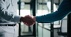 Handshake, meeting and talking with business people in office for discussion or negotiation. Agreement, deal and success with employee men shaking hands in corporate workplace for b2b collaboration