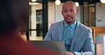 Laptop, meeting and planning with business man in office for advisor, stakeholder and talk. Treasurer budget, digital review and revenue discussion with employees in agency for feedback and proposal