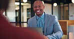 Laptop, meeting and laughing with business man in office for advisor, stakeholder and planning. Treasurer budget, digital review and revenue discussion with employees for feedback, joke and proposal