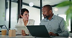 Business, team or tech advice in meeting for automated invoicing, monitor annual budget or tips. Finance manager, mature people and tablet with laptop in office for currency hedging, help or solution