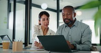 Laptop, business people and team in office for discussion, compliance project or insight in meeting. Computer, mature man and woman in workplace for collaboration, regulation or policy planning