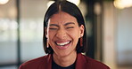 Funny, professional and face of business woman in office for about us, real estate agent and pride. Property development advisor, confidence and consultant with employee laughing in agency as realtor