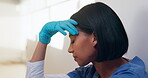 Tired, nurse and stress with woman in hospital for medical burnout, sad and thinking. Healthcare mistake, reflection and challenge with frustrated person on floor of clinic for fatigue and grief