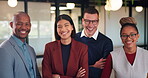 Face, laughing and team with business people in office for diversity, about us or property investor. Collaboration, real estate agents and solidarity with employees in firm for support and funny joke