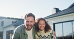 Outdoor, face and dad with kid at house, laugh and confident with property investment and milestone. Family, father and man with child, embrace and smile for home ownership or real estate in Canada