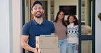 Face, delivery man or tablet on boxes at family house for parcel distribution, ecommerce or logistics. Tech, courier service or happy with packages at door for online shopping, safe shipping or pride