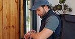 Knock, food delivery and watch with man at front door for time management, ecommerce and courier. Logistics schedule, shipping and grocery package with person at house for distribution and parcel
