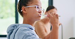 Bathroom, kid or brushing teeth for dental wellness, oral hygiene or mouth care with morning routine. Toothbrush, child and girl in home for fresh breath, cavity prevention or clean with mother