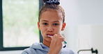 Girl, face and brushing teeth with toothbrush in bathroom for dental hygiene or cleaning in home. Portrait, child or kid in POV with morning routine for oral healthcare, mouth or gum care in house