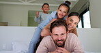 Family, pile and face with smile in bedroom, children and connection with parents or relax in house. Happy people, mom and dad with kids on bed, together and bonding with love and portrait in home