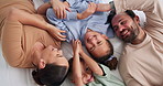 Parents, children and laugh with tickle on bed, above and bonding with funny game at family house. People, kids and happy with fun, playful and connection with love, care or laying at apartment