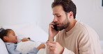 Dad, phone call and child with thermometer on bed with telehealth, talk and advice for fever in home. People, father and sick kid with contact, questions and monitor for healing with illness at house