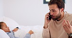 Father, phone call and child with stress on bed with telehealth, worry and advice for fever in home. People, dad and sick kid with contact, questions and frustrated with healing for illness at house