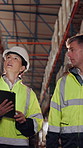 Tablet, inspection and logistics employees in warehouse with inventory, stock or delivery approval. Technology, discussion and supply chain managers with online customer clearance for shipping.