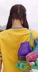 Walking, back and woman with rollerskate in park for skating, hobby and exercise on weekend. Skater, sports and person with shoes for practice, training and ready for skills, activity and outdoor