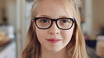 Face, home and child with glasses for eye care, vision and prescription lens for eyesight or health. Portrait, smile and kid with eyewear for visual correction, ophthalmology and healthcare in house