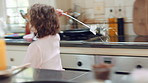 Run, child and dance with magic wand in home for creative imagination, fantasy play and spin. Energy, girl and enchanted toy in kitchen with fun movement, pretend princess or magical transformation