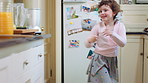 Happy, child and dance with magic wand in home for creative imagination, playing and fantasy. Energy, girl kid and enchanted toy in kitchen with fun movement, pretend wizard and growth development