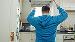Kitchen, dance and teenager with spoon, fun and performance for cooking success or move with energy. Dancer, rhythm and person with down syndrome, active and celebration for culinary skills in house